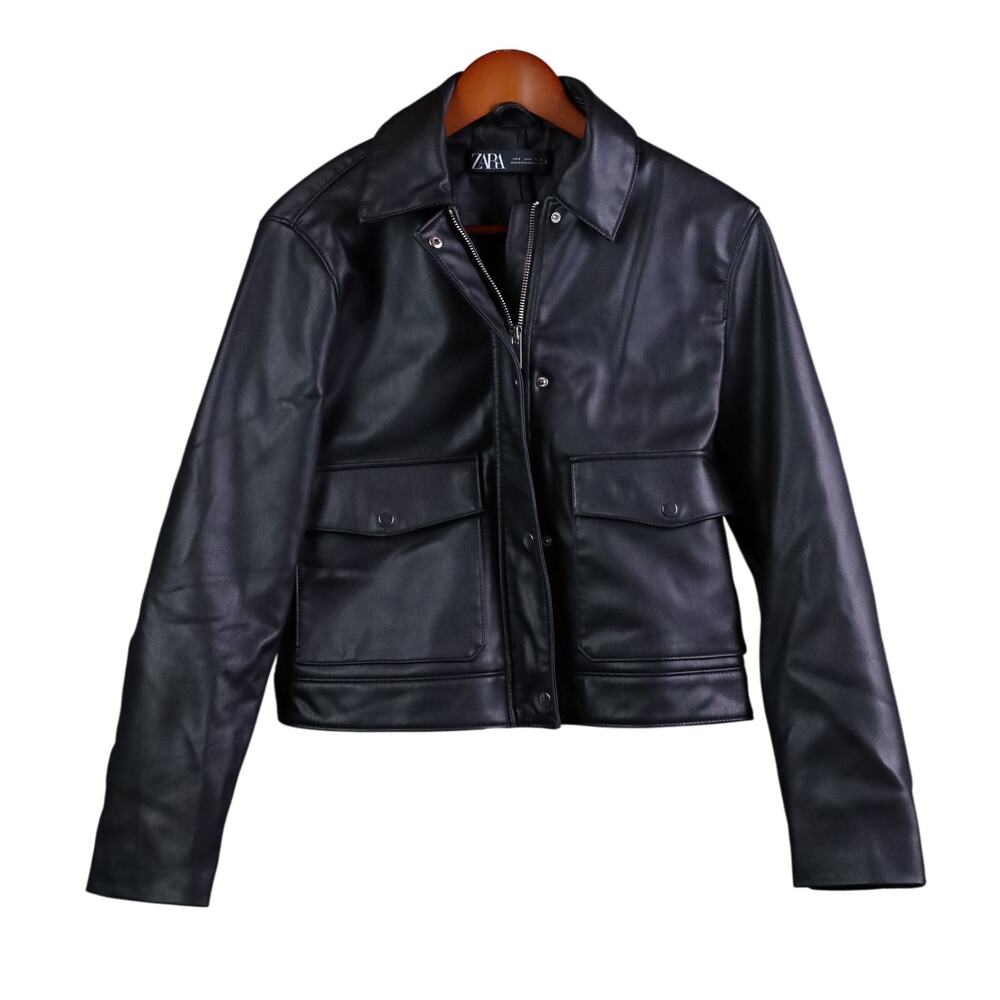 ZARA Faux Leather Moto Jacket Womens Small Black Utility Biker Cropped Zip Gorp